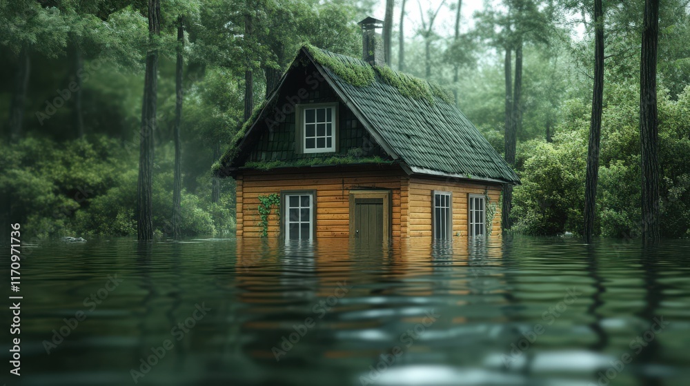 Fototapeta premium Flooded Cabin In A Lush Green Forest