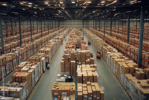 A vast warehouse filled with stacked boxes and pallets for storage and distribution.