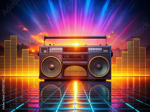 Retro Boombox Silhouette with Colorful Equalizer - Vintage Audio Cassette Player photo