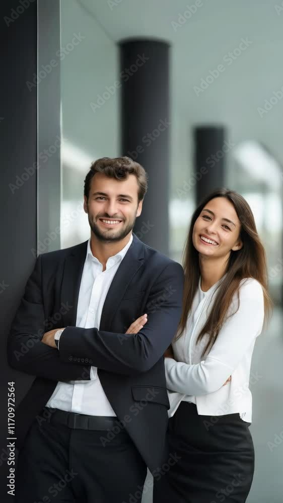 Happy young business couple crossing their arms and smiling at camera Happy young business couple crossing their arms and smiling at camera