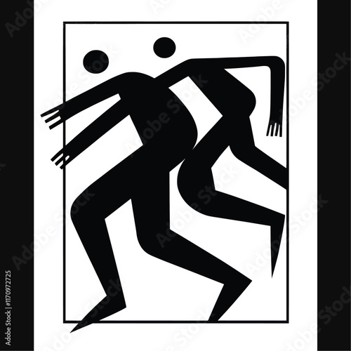 Geometric dancing figures, black and white.