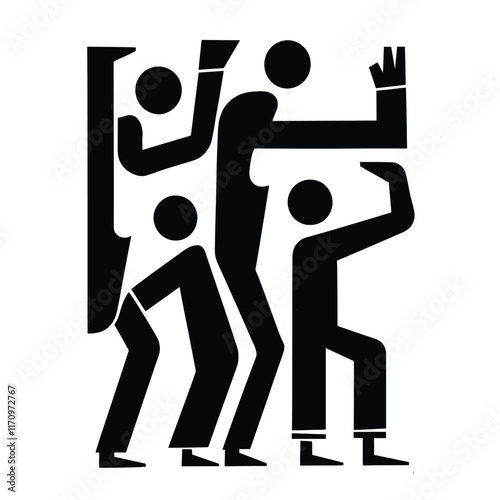 Geometric dancing figures, black and white.