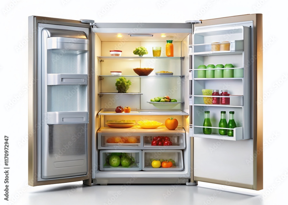 Macro Shot of Open Refrigerator Door Isolated on White Background Macro Shot of Open Refrigerator Door Isolated on White Background