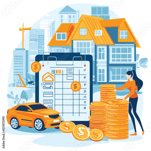 Financial planning scene with house and car.