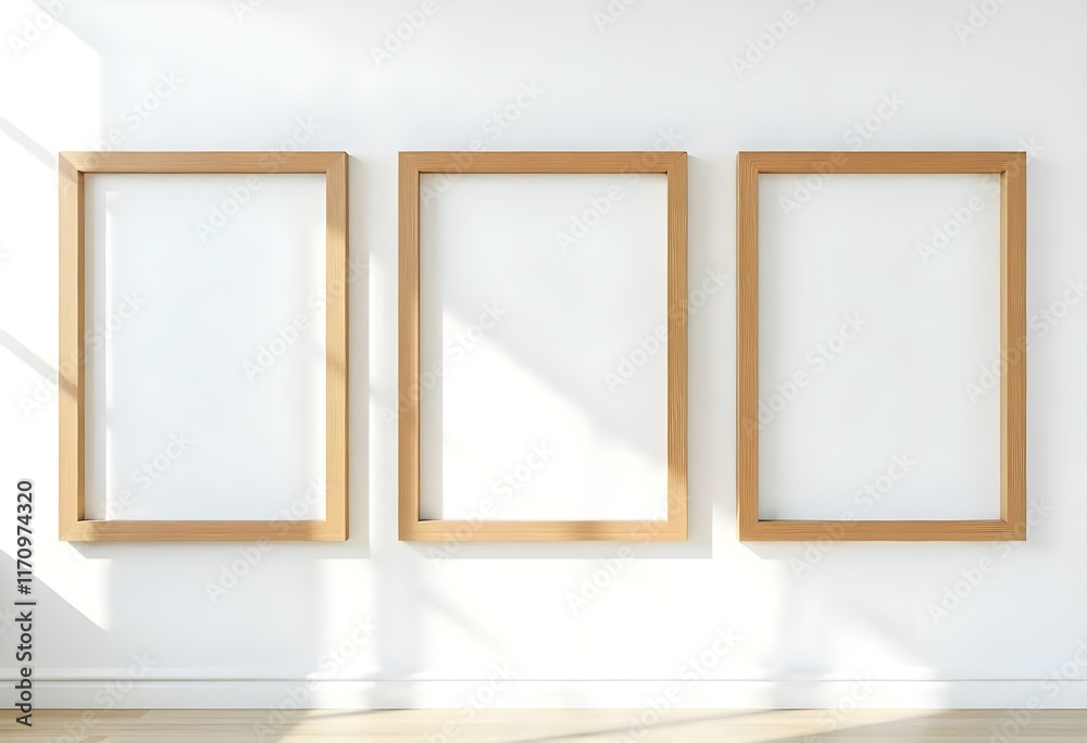 Three empty wooden frames on a white wall with natural light casting shadows Three empty wooden frames on a white wall with natural light casting shadows