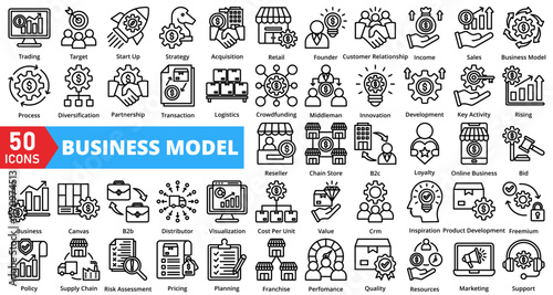 Set of business model web icons in line style. Containing strategy, framework, innovation, structure, growth, planning, process, vision, design, system