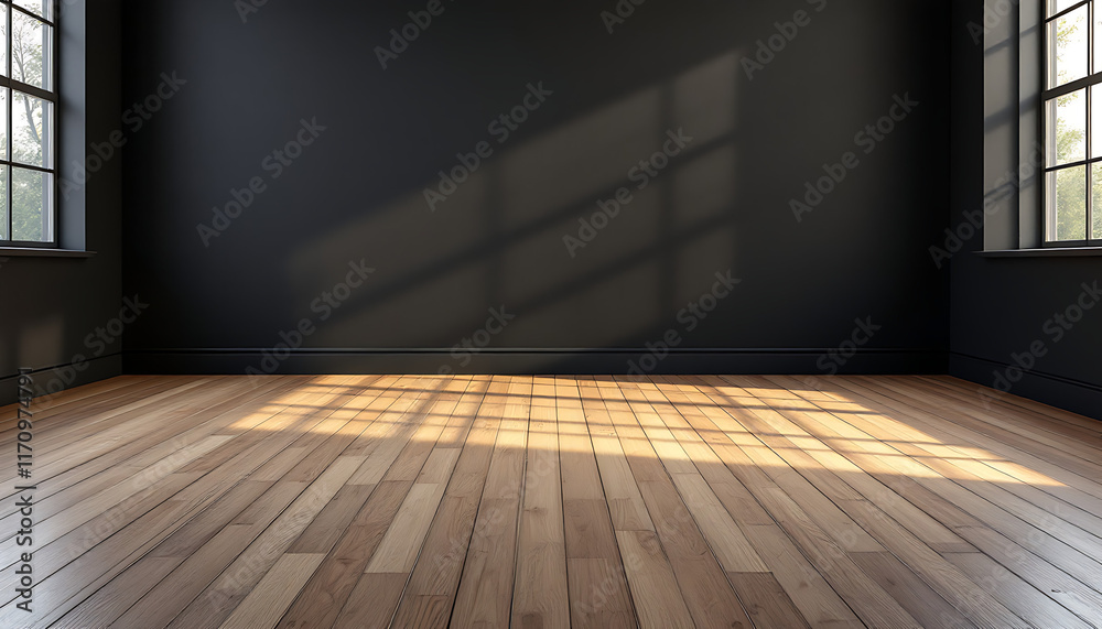 Empty room with dark walls and light wooden floor, perfect for interior design inspiration. Empty room with dark walls and light wooden floor, perfect for interior design inspiration.