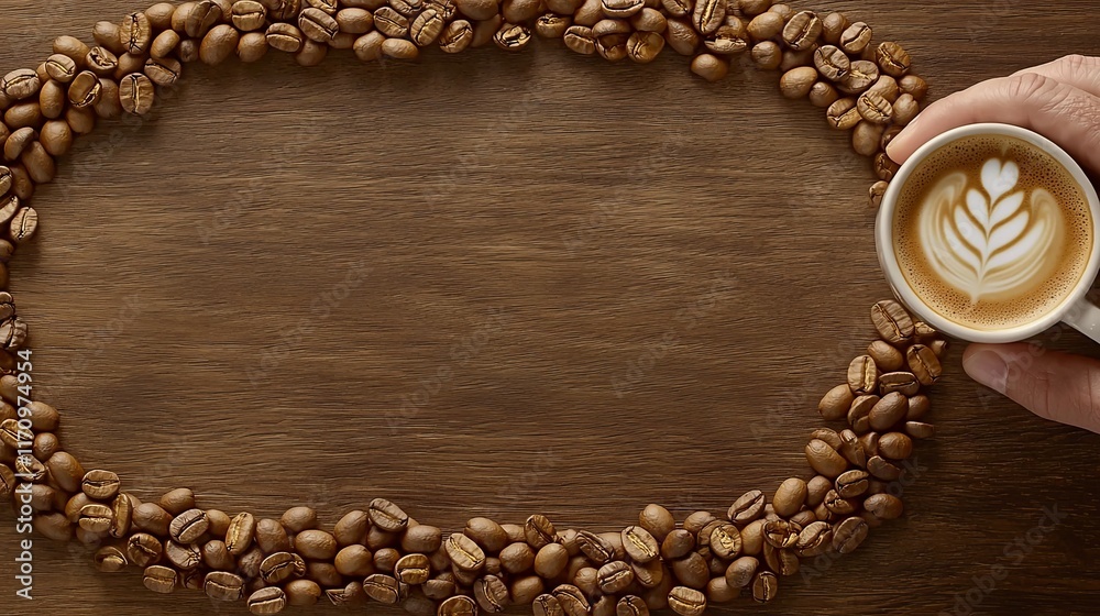 Obraz premium A hand holding a cup of coffee surrounded by coffee beans