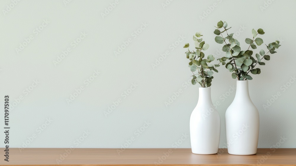 Elegant white vases with eucalyptus leaves home decor minimalist style Elegant white vases with eucalyptus leaves home decor minimalist style