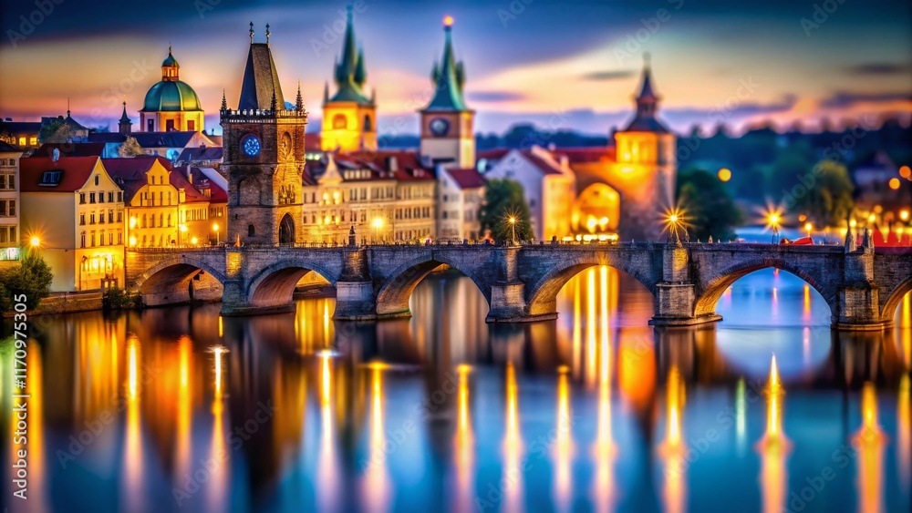Magical Night in Prague: Charles Bridge Illuminated with Reflections, Tilt-Shift Photography Magical Night in Prague: Charles Bridge Illuminated with Reflections, Tilt-Shift Photography