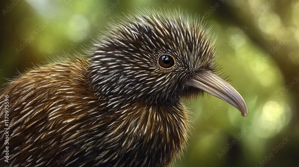 Fototapeta premium Close-up of a unique, spiky bird with a pointed beak, detailed plumage, and expressive eyes in a soft, out-of-focus jungle background..