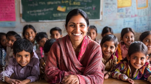 Smiling teacher with happy students in classroom.