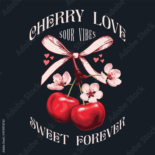 cherry fruit and white flowers, Girls graphics for fruit design, cherry bow with slogan typography, fashion graphic prints for cherries fruit cute t-shirt pattern, vintage food fashion for t-shirt
