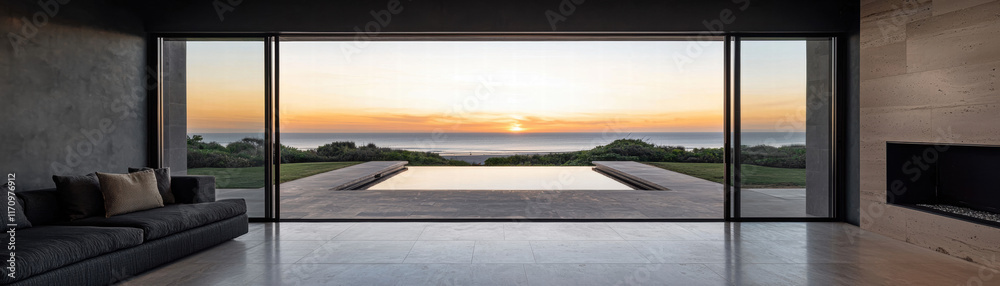 Obraz premium Interior open door, window landscape. Modern interior with large windows showcasing a serene sunset view over a pool and landscape.