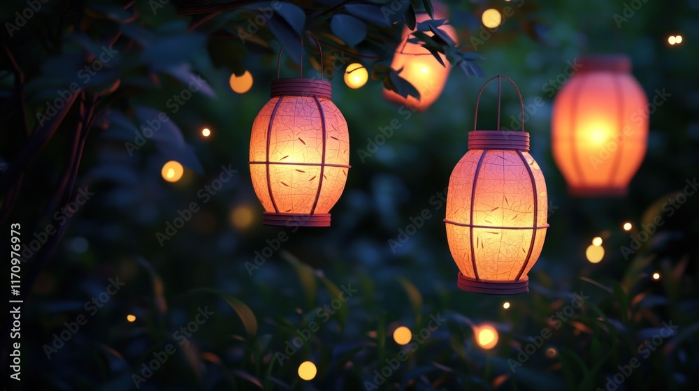 Glowing lanterns hanging from tree branches at night, surrounded by fireflies. Glowing lanterns hanging from tree branches at night, surrounded by fireflies.