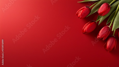 A bunch of red tulips on a red background