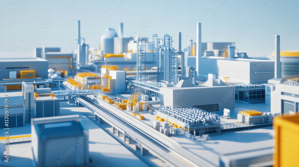 Futuristic factory with advanced 3D production technology, showcasing intricate machinery and vibrant colors. scene highlights innovation and efficiency in industrial design Futuristic factory with advanced 3D production technology, showcasing intricate machinery and vibrant colors. scene highlights innovation and efficiency in industrial design