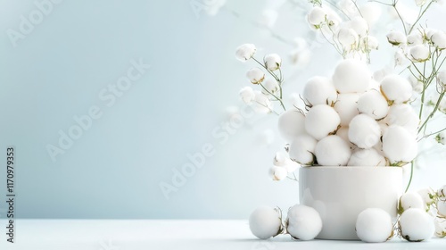 Soft Cotton Blooms in a White Bowl, serene and peaceful.