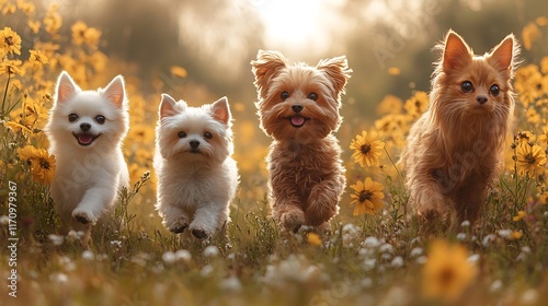 Happy Dogs Running Together Playful Adventure Open Green Landscape Photo