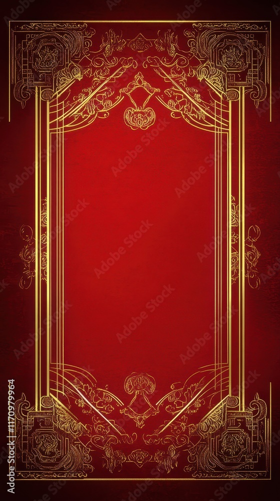 Obraz premium Semi-transparent gold text area surrounded by a glowing border, set against a rich red background with decorative gold motifs for a Chinese New Year celebration invitation.