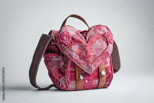 heart shaped backpack in vibrant pink with floral patterns and straps photo