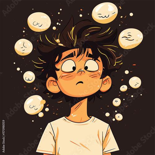 illustration of a distracted boy with ADHD with curly hair, thoughtful expression.