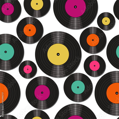 Seamless pattern print background with vinyl record disks vector illustration music wallpaper decorative artistic texture	
