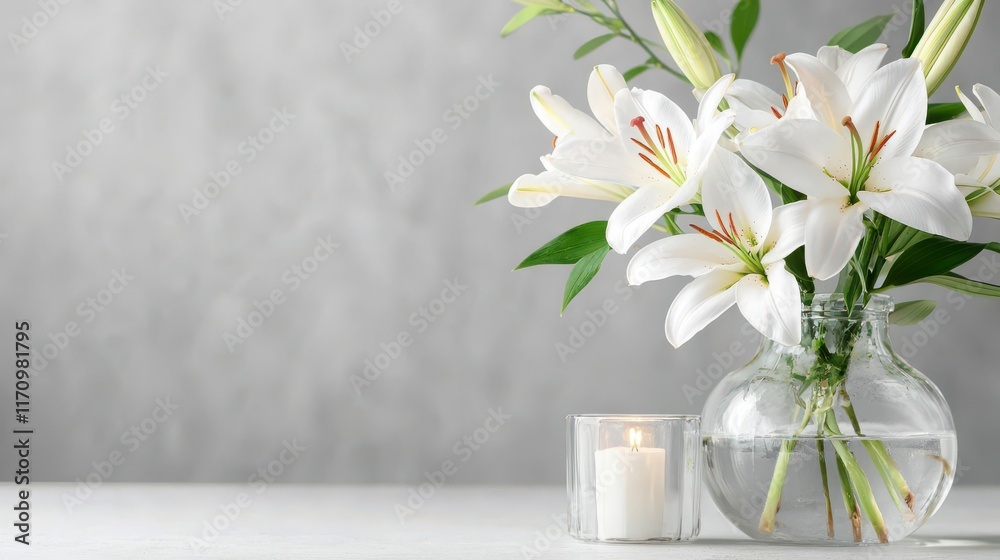 Serene White Lilies in Glass Vase with Candlelight Serene White Lilies in Glass Vase with Candlelight
