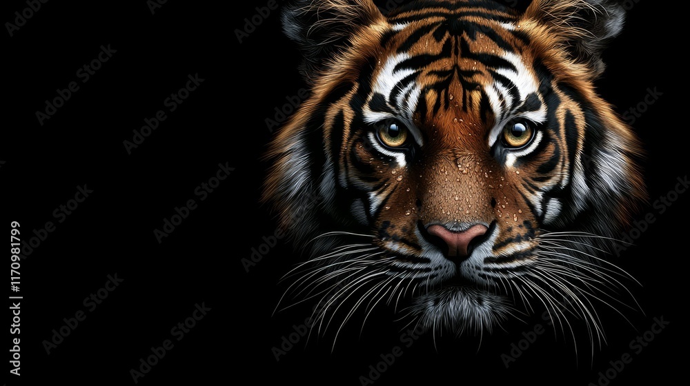 Fototapeta premium A close up of a tiger's face on a black background