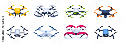 Modern drones and remote controllers flat vector set. Features quadcopters, hexacopters, and FPV drones with colorful designs. Ideal for tech, innovation, aerial photography, surveillance  projects.