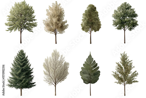 Collection of artistic watercolor trees showcasing organic designs in a clean, professional studio setting