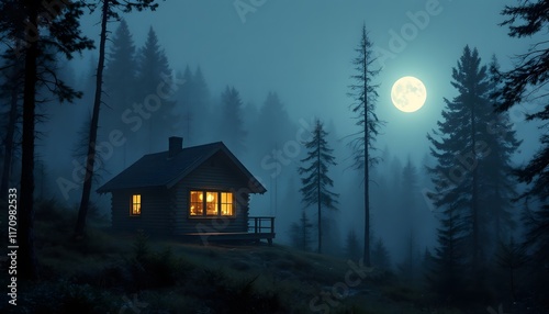 Wooden cabin in a misty forest at night photo