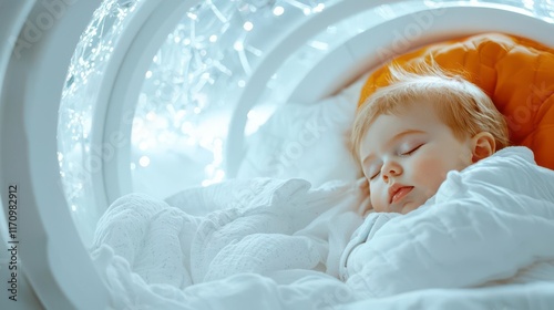 Sweet dreams! Baby sleeps soundly in a glowing crib, a peaceful scene. photo