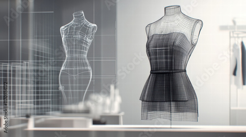 3D wireframe design of garment on mannequin showcases creative process in fashion design. sleek lines and structure highlight intricate details of garment creation
