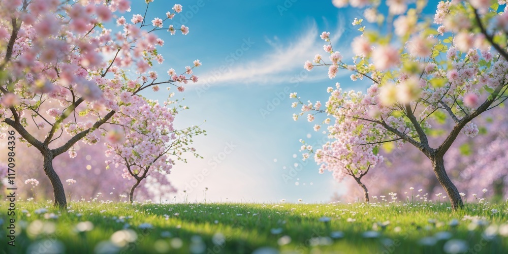 Fototapeta premium Spring blossoms create a magical landscape under a clear blue sky