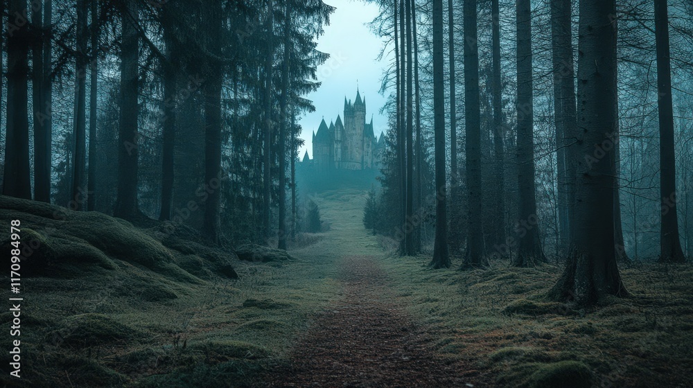 Fototapeta premium Misty Forest Path Leads to Distant Fairytale Castle