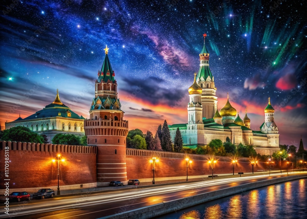 Fototapeta premium Majestic Kremlin at Night: Illuminated Towers and Starry Sky