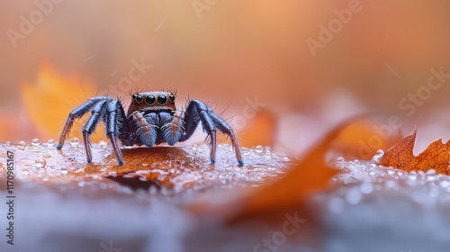 A spider sitting on top of a leaf covered in water droplets photo