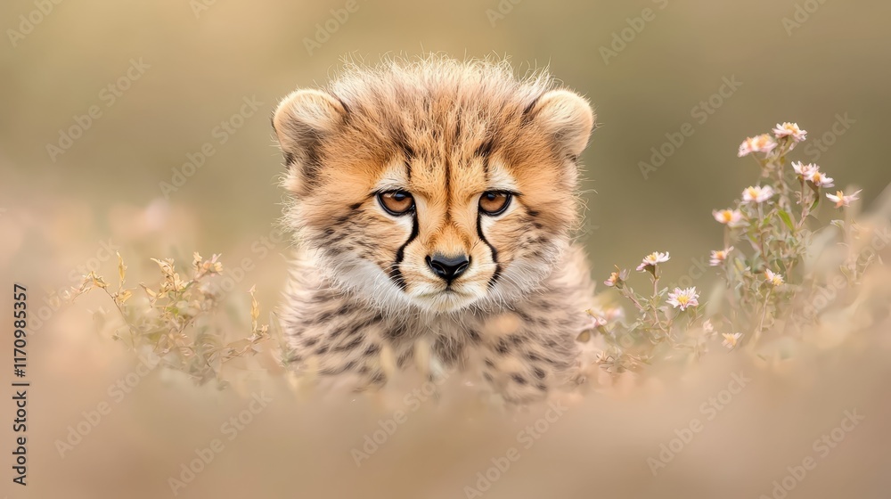 Obraz premium A cheetah cub sitting in a field of flowers