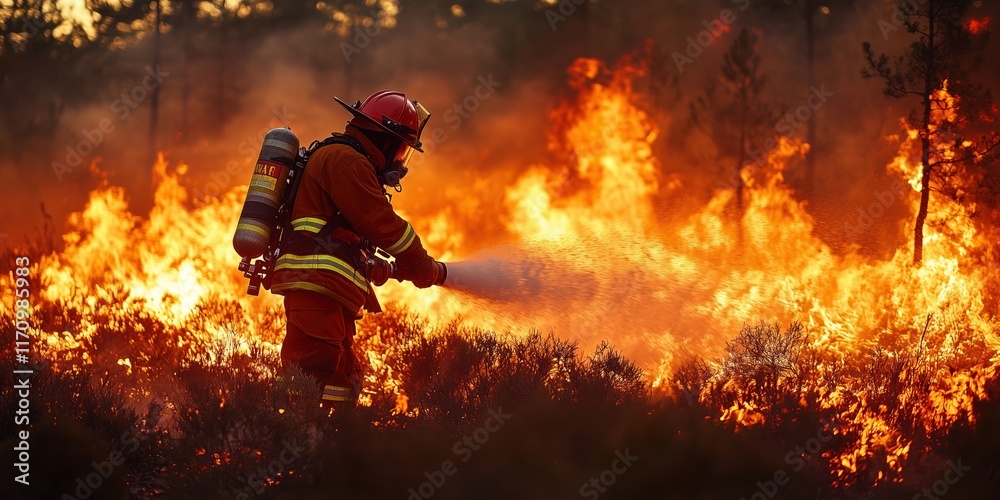 A firefighter puts out a fire in the forest A firefighter puts out a fire in the forest