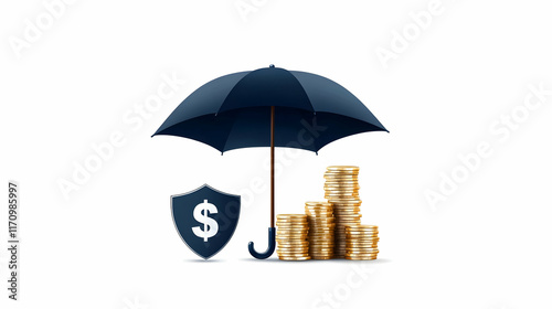 Coins and Umbrella on the Table Representing Financial Growth and Wealth photo