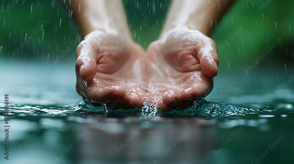 Fototapeta premium A person's hands in the water with water droplets on them