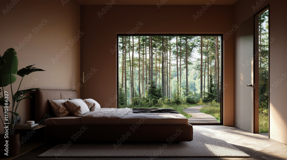Fototapeta premium Interior open door, window landscape. Spacious bedroom with large windows overlooking a serene forest landscape.