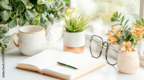 Peaceful window scene: plants, notebook, pen, and glasses create a calm atmosphere. photo