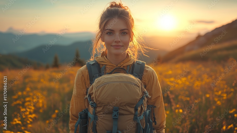 Happy young woman hiker smiles at sunset in a mountain meadow.