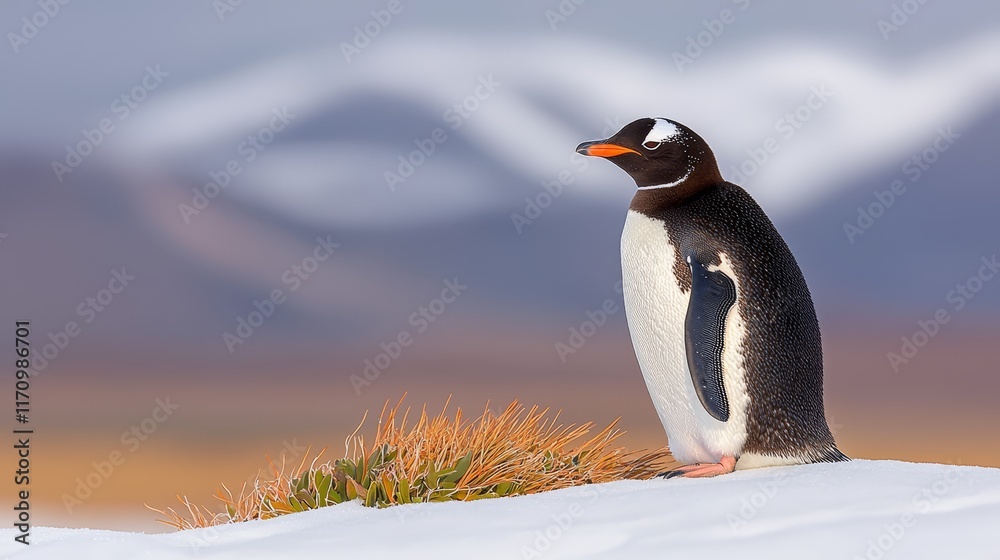 Fototapeta premium A penguin standing on top of a snow covered hill