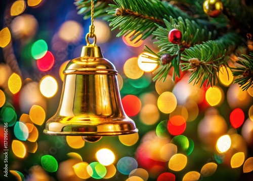 Wallpaper Mural A gleaming, golden bell, close-up, adorns a Christmas tree's branches. Torontodigital.ca