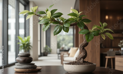 Japanese Pachira (Pachira aquatica) Braided trunk plant with glossy green leaves, displayed in a neutral-toned pot with river stones for photo