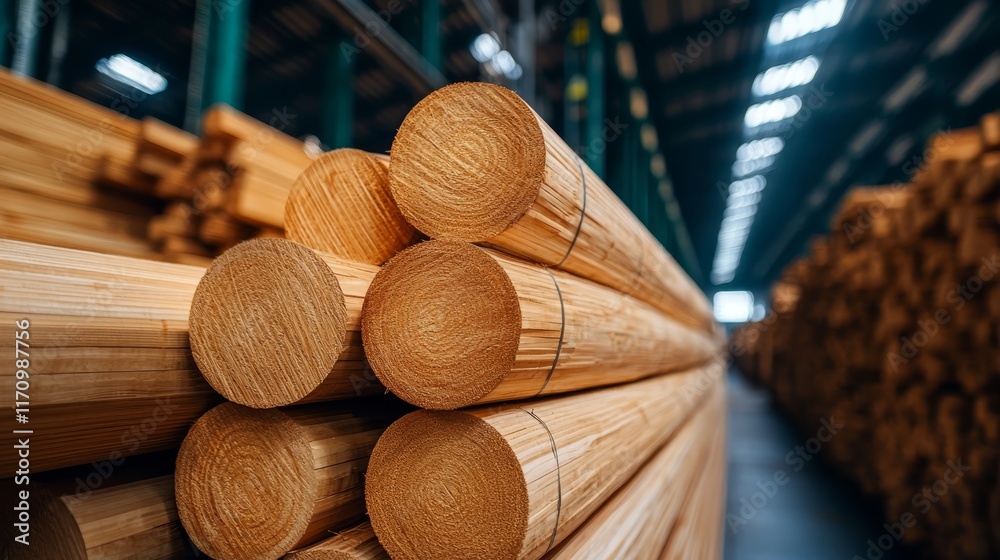 A stack of wooden poles in a warehouse A stack of wooden poles in a warehouse