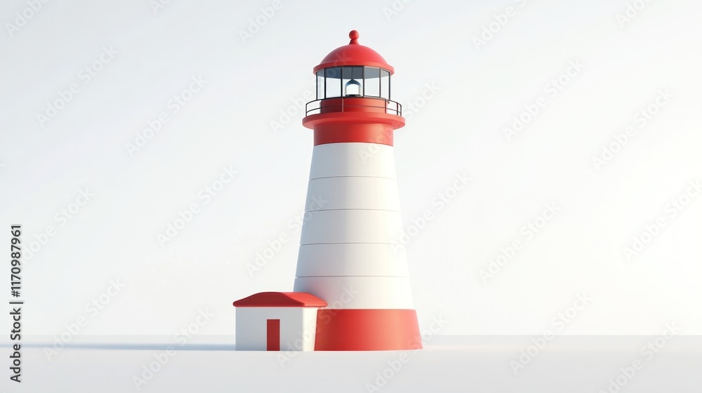 Red and white lighthouse with small keeper's house on white background. Red and white lighthouse with small keeper's house on white background.